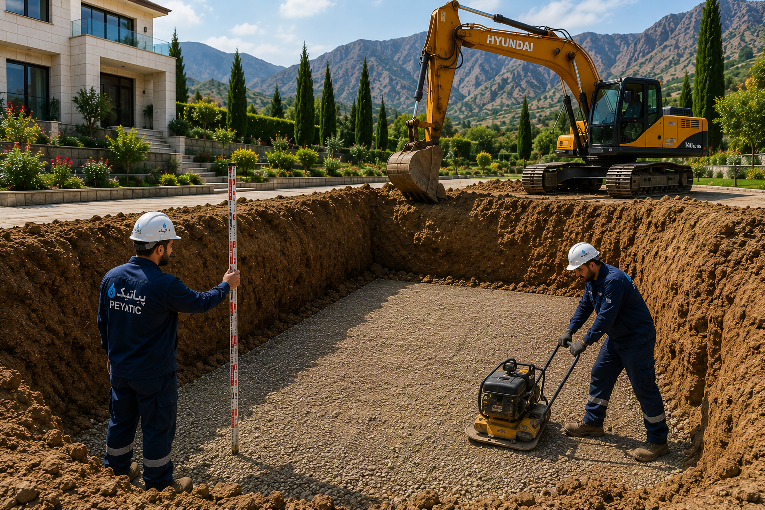 آمادهسازی بستر نصب سپتیک تانک پلیاتیلن در پروژه ویلای مسکونی لواسان توسط تیم تخصصی پیاتیک شامل گودبرداری، تراز کردن و متراکمسازی بستر پیش از نصب مخزن