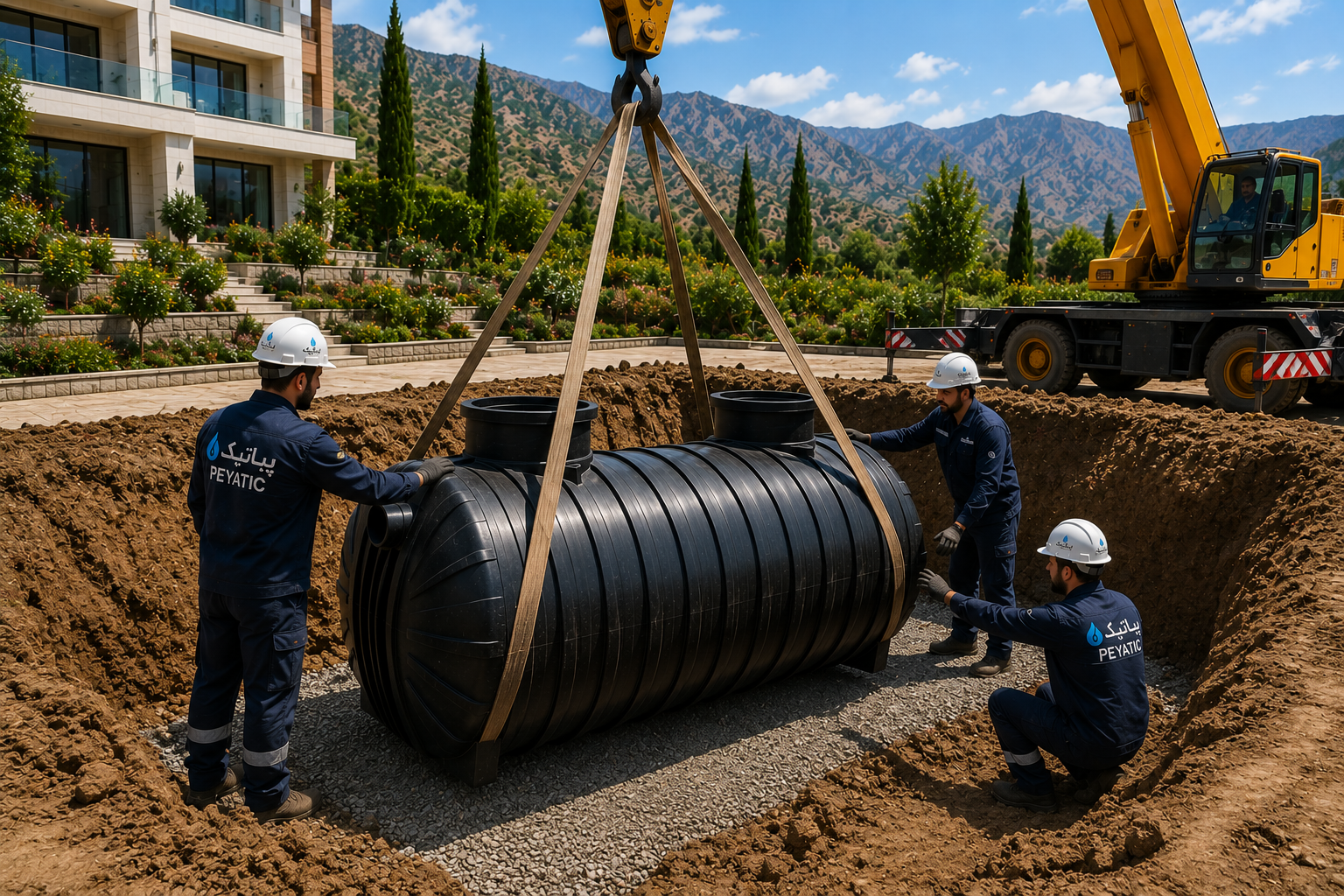 نصب سپتیک تانک پلیاتیلن با جرثقیل در پروژه ویلای مسکونی لواسان توسط تیم تخصصی پیاتیک با رعایت اصول فنی و جانمایی دقیق مخزن