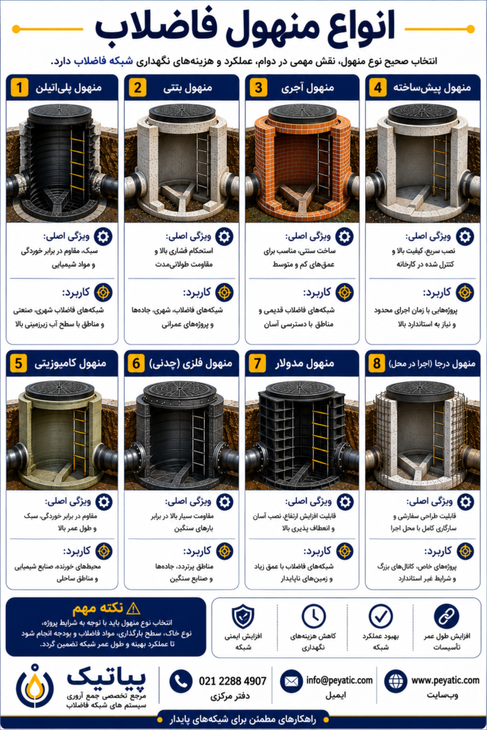 اینفوگرافیک انواع منهول فاضلاب شامل منهول پلیاتیلن، منهول بتنی، منهول آجری و منهول پیشساخته همراه با مقایسه ویژگیها، کاربردها و ساختار هر نوع منهول.