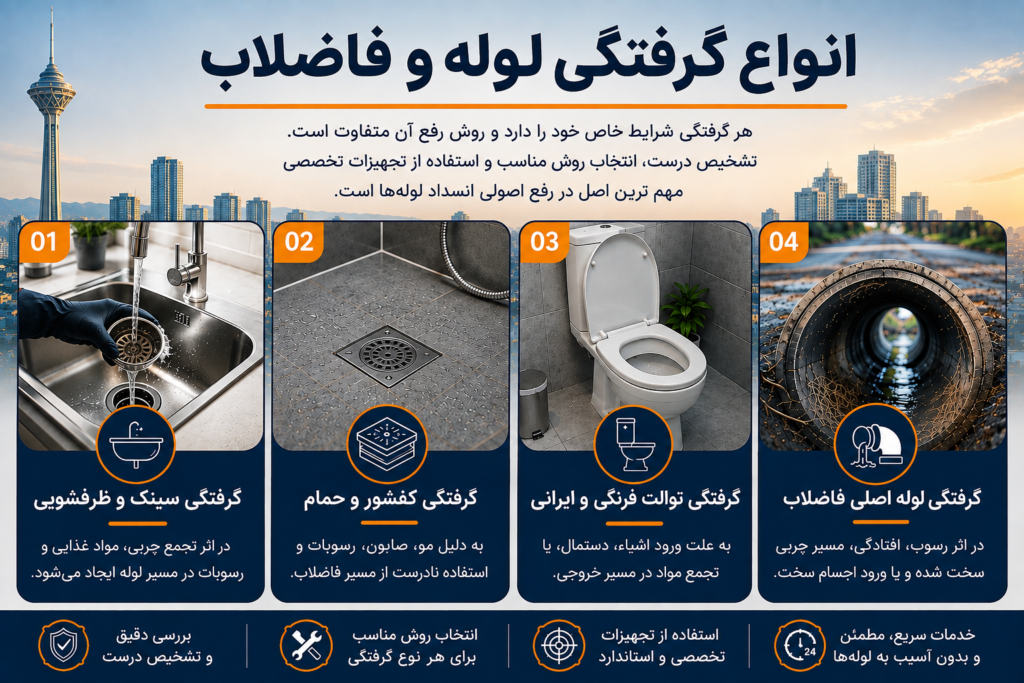 انواع گرفتگی لوله و فاضلاب و روش رفع گرفتگی در لولهبازکنی شمال تهران