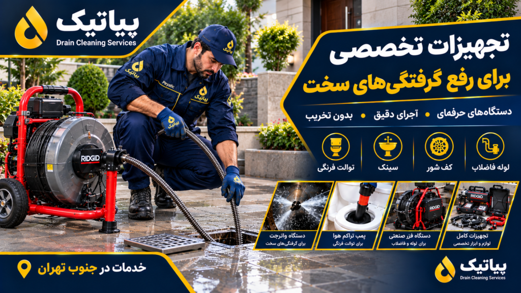 تجهیزات تخصصی لولهبازکنی پیاتیک برای رفع گرفتگی لوله و فاضلاب در جنوب تهران